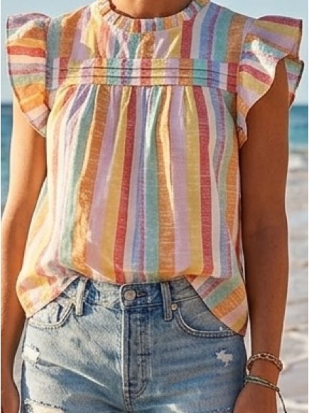 Striped Ruffle Sleeve Tank Top - Multi
